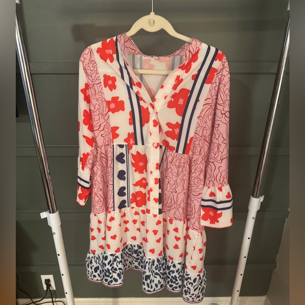 Floral Long Sleeve Dress - Pink and Red